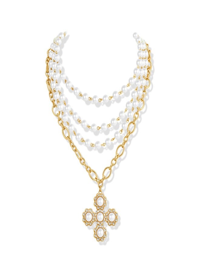 FAUTHENTICUTE Pearl Cross Necklace for Women Layered Rosary Pearl Chain With A Large Cross Pendant Halloween Goth Necklace Gift - Image 1